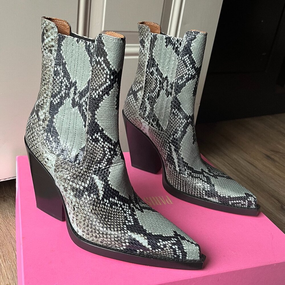 Brand new never worn Paris Texas blue/black snakeskin ankle boots